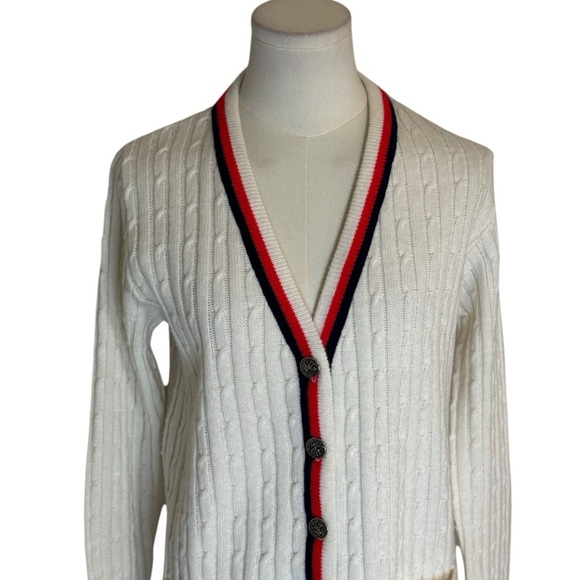 VINTAGE Brownstone Studio Red White Blue Preppy Cardigan Cable Knit Sweater Sz M - Picture 2 of 7